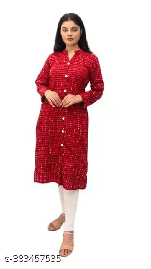 Red cotton kurta set with full sleeves, embroidered neckline