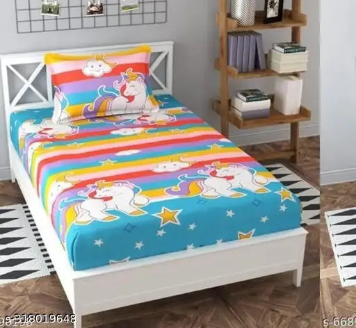 Glace cotton unicorn-themed superfine summer bedsheet set, ideal for kids' rooms or living rooms, includes one pillow cover. Made in India