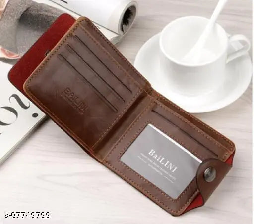 Brown faux leather men's wallet, styled with a printed net pattern. Contains two compartments. Free size, made in India