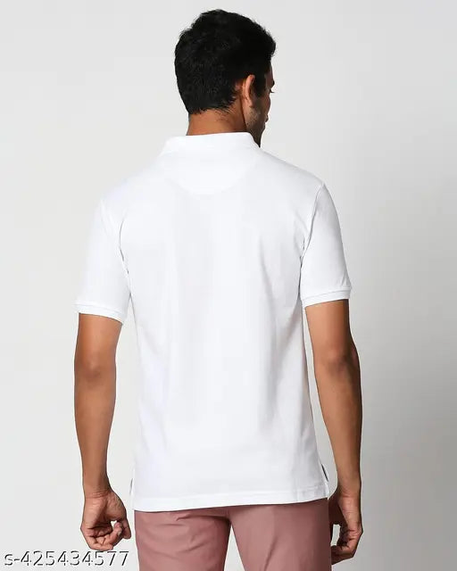 White polycotton Rahul T-shirt, solid design, short sleeves, S, M, L, XL (36in, 26in; 38in, 27in; 40in, 27in; 42in, 27in)