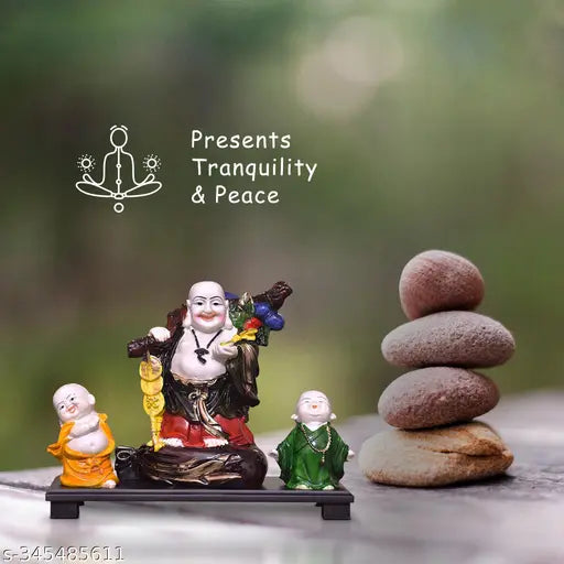 Resin Laughing Buddha statue with child monks, ideal for home decor in living room or bedroom. Handcrafted showpiece from India, perfect for Diwali, wedding, or housewarming gifts