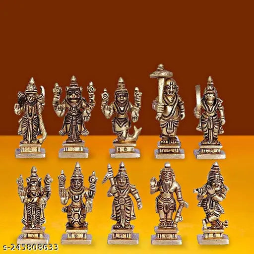 Brass Bramha, Vishnu, Shiva idols, ten incarnations Dashavatara, Indian temple decor, height 25 inches