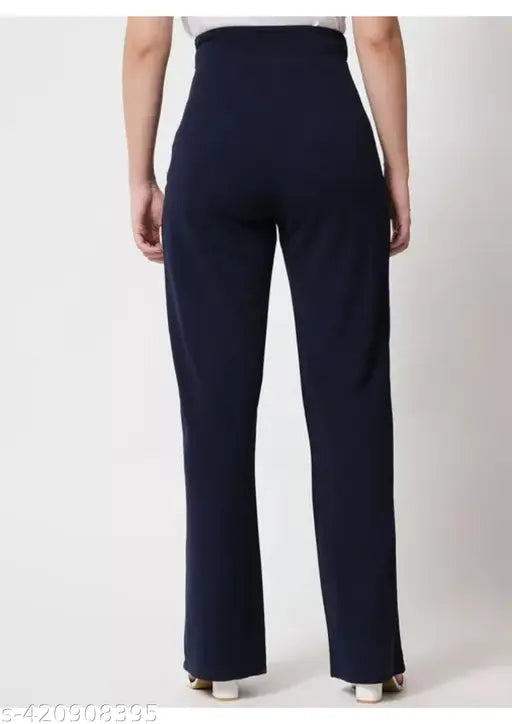 Navy cotton stretch pants with bootcut flare legs, high waist, high rise