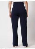 Navy cotton stretch pants with bootcut flare legs, high waist, high rise