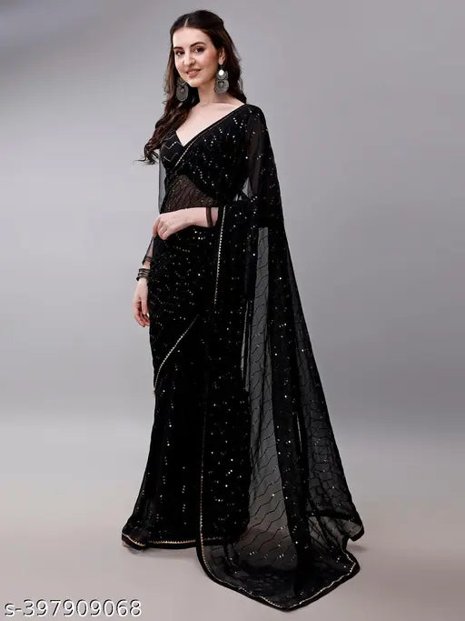 Black sari, floor-length, sheer overlay
