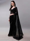 Black sari, floor-length, sheer overlay
