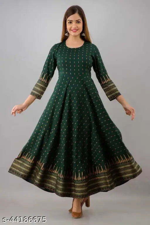 Green printed rayon Anarkali kurti for women and girls, festive and casual wear, soft and comfortable, Made in India