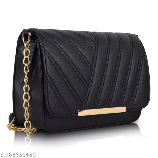 Black synthetic leather crossbody sling bag with chain strap