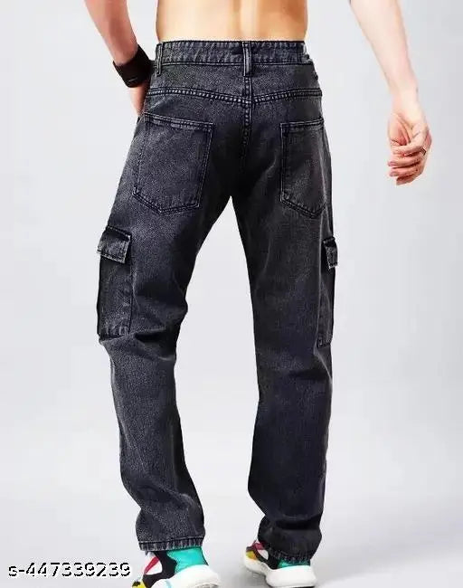 Mens blue denim jeans with multiple pockets