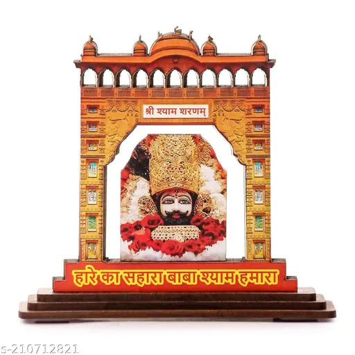 Khatushyam Baba wooden photo frame, Indian handcrafted god idol for home temples and car dashboards (3cm L x 10cm H x 11cm B)