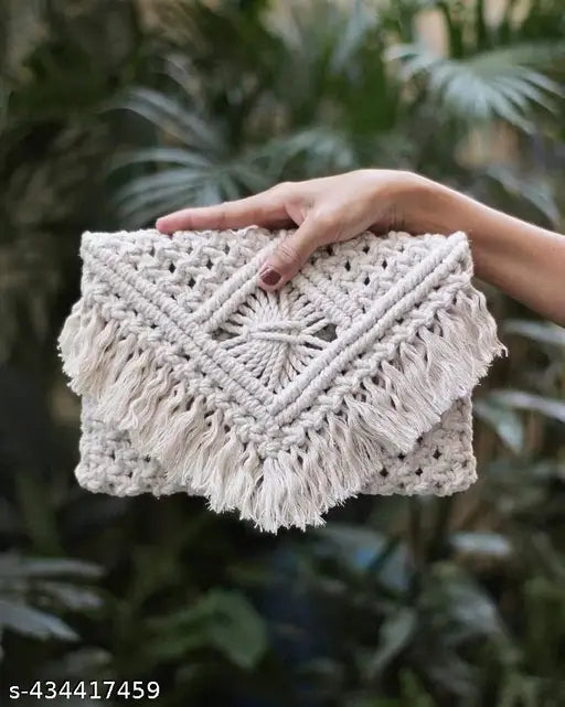 White cotton crochet bag, bohemian style handmade craft