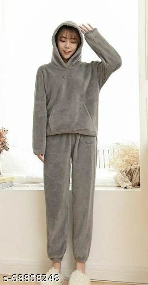 Women's wool winter nightsuit with hood, solid-colored, warm and comfortable pyjama set for winters (M: 40in bust/26in length, L: 41.5in bust/26.5in length, XL: 43in bust/27in length, XXL: 46in bust/27.5in length) made in India