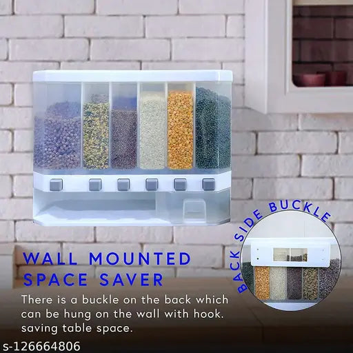 Wall-mounted dry food dispenser. Six compartment storage container. Airtight storage containers for cereals, rice, nuts, coffee beans, snacks and grains. Space-saving kitchen food storage solution