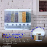 Wall-mounted dry food dispenser. Six compartment storage container. Airtight storage containers for cereals, rice, nuts, coffee beans, snacks and grains. Space-saving kitchen food storage solution
