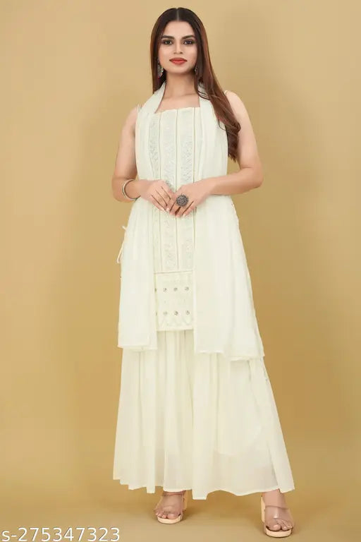 White embroidery party wear sharara suit dupatta 3m
