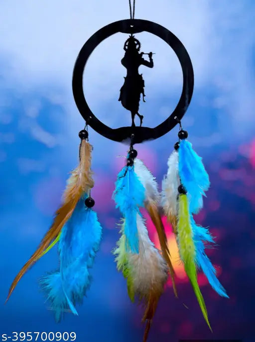Krishna car plastic dream catcher, religious hanging accessory for car decor, 10x20x10 inches, handcrafted from India