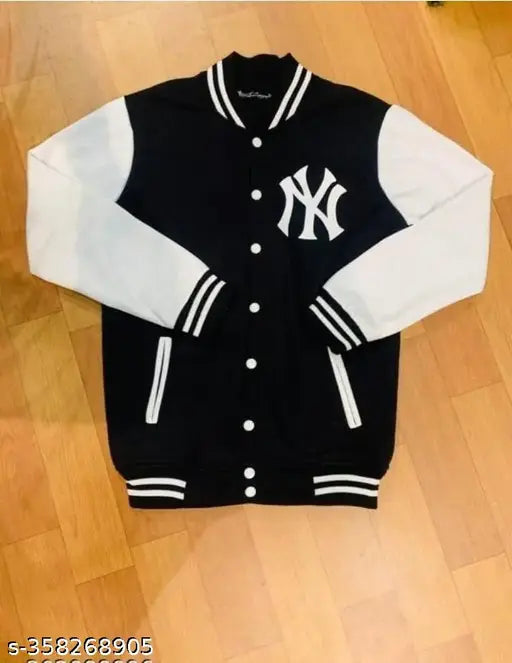 Fleece, stylish NY printed varsity jacket in solid design. Unisex fit, long sleeves. Size options include XS-XXXL