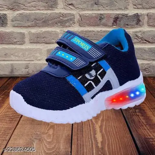 Black and blue kids' outdoor sports running shoes with built-in LED lights