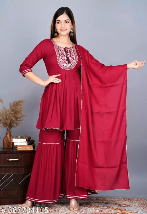 Red rayon printed anarkali kurta, matching sharara and dupatta