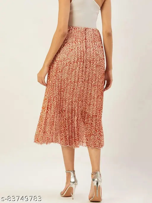 Women's flared orange and white animal print chiffon skirt with net pattern, size 28/waist 28in, length 30in