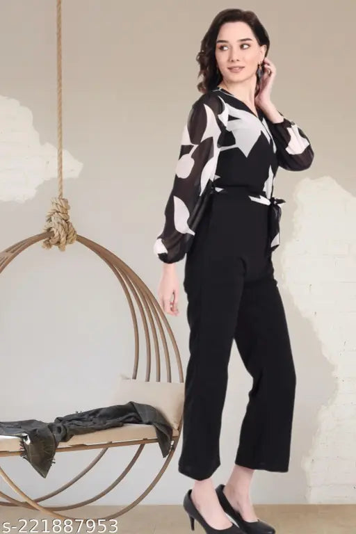Printed georgette jumpsuit for women and girls, long sleeves with vibrant pattern, available in XS-XXL sizes