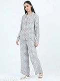 Grey loose-fit full sleeve button-down top with elastic closure pajama set, features printed net design, polyester fabric for top and pyjamas bottoms, suitable for women's nightwear in sizes XS to XXXXL