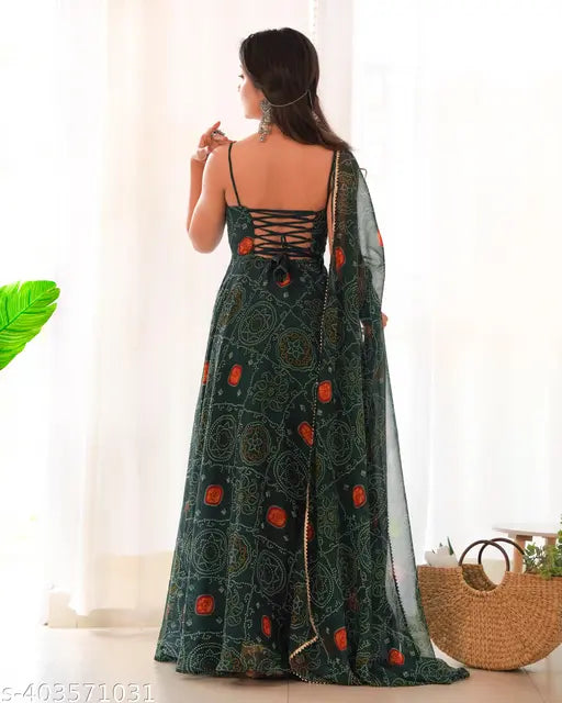 Dark green and pink Anarkali suit outfit, chiffon bandhej flair gown for women's travel in Rajasthan. Sleeveless, padded, backless design with micro cotton inner. Size options: XS-XXL