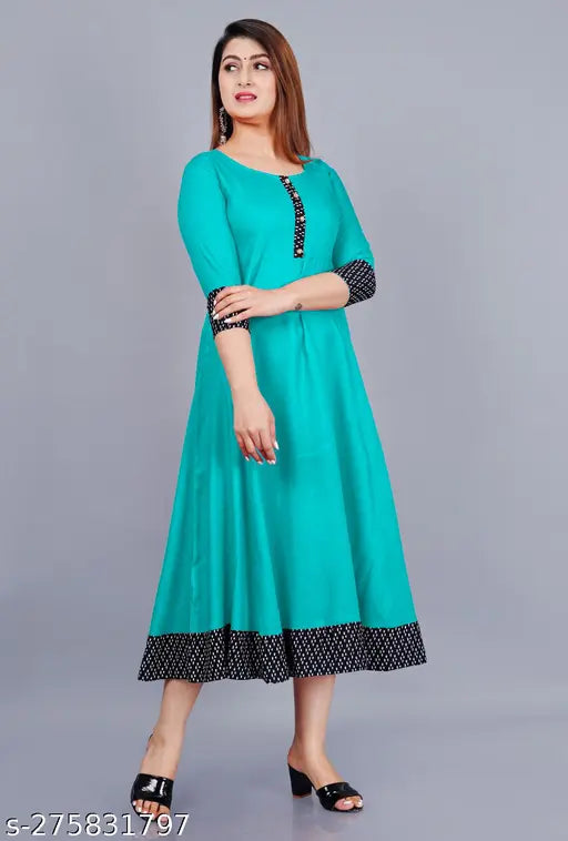 Beyond Fashion Aqua Blue Rayon Round Pleated Flared Kurti with 3/4 sleeves, available in multiple sizes from XS to XXXL for casual and formal occasions