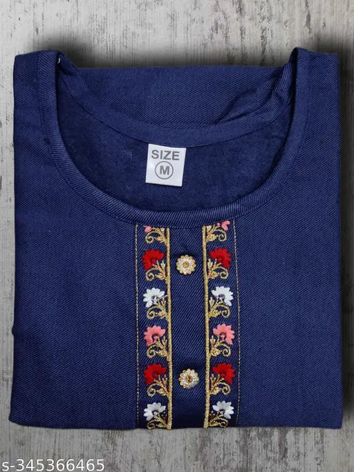 Embroidery woolen kurta, winter three quarter sleeve round neck girls end womens