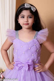 Purple tulle party dress with cap sleeves, maxi length