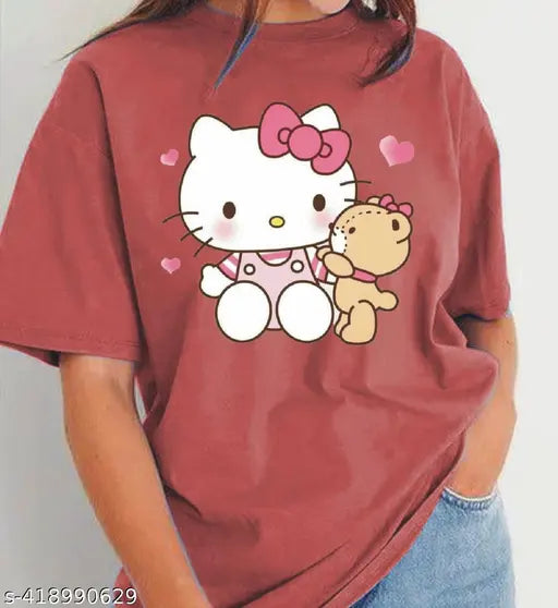 Red oversized t-shirt, Hello Kitty design with bear, girl and heart, combo pack for women and girls