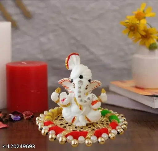 Red kangan assan decorative showpiece - 12 cm polyresin gold Ganesha statue for home, ornate Indian figurine on display