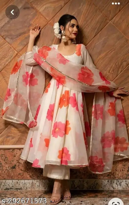 Floral printed anarkali kurta palaazzos with dupatta set for women's fashion