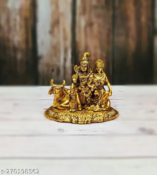 Golden oxidized metal Shiv Pariwar with Nandi statue, intricate Indian metal sculpture