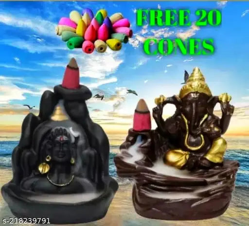 Poly resin Shiv Ganesha Smoke Backflow Combo with 20 cones, Indian handcrafted incense burner and figurine creating smokey waterfall effect