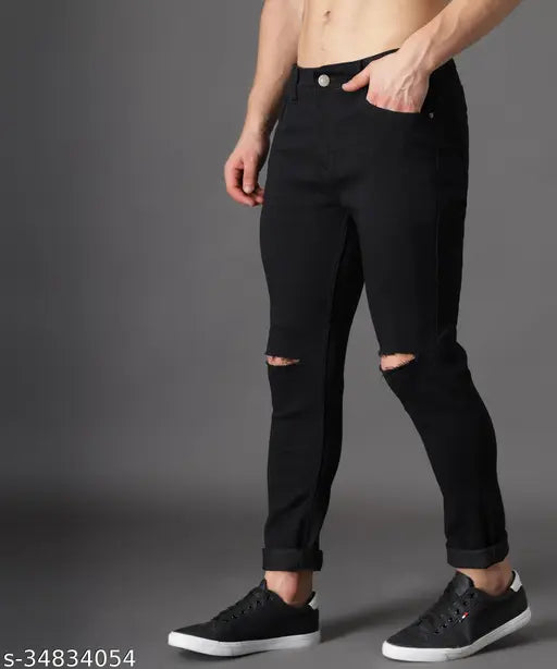 Solid black cotton blend jeans for men by Zaysh, stylish knee-cut from India