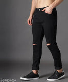 Solid black cotton blend jeans for men, stylish knee-cut by Zaysh, size 34