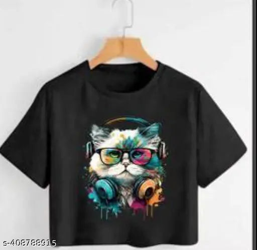 Trendy feminine printed cotton blend crop tee shirt top with short sleeves, vibrant pattern on a petite figure