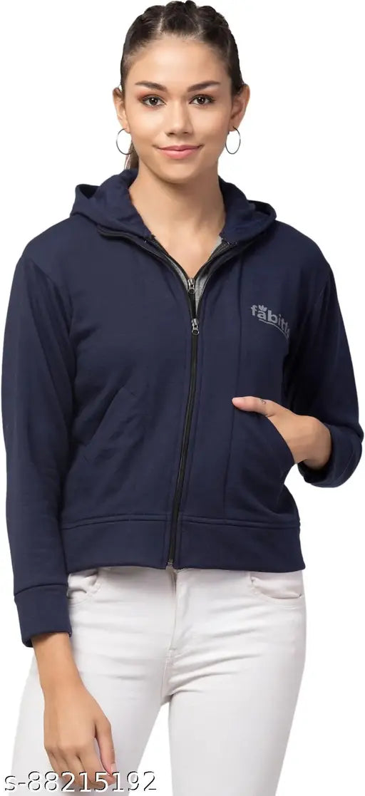 Dark blue cotton blend fleece jacket hoodie for women, featuring double zippers and smiley print, suitable for various occasions