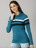 Teal striped full sleeve cotton blend polo t-shirt for women, ideal for casual wear or layering