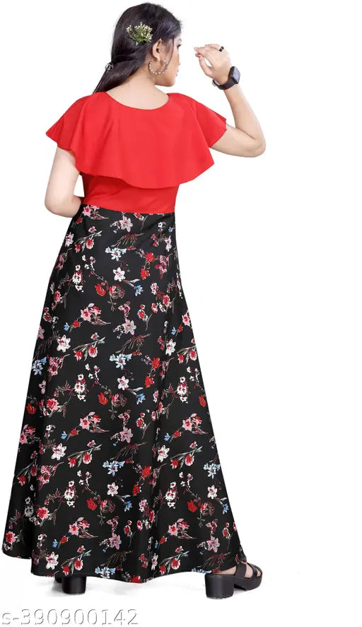 Printed crepe ethnic party wear dress for girls aged 5-15, featuring butterfly design and collar neck. Indian designer dress collection." (124 characters)