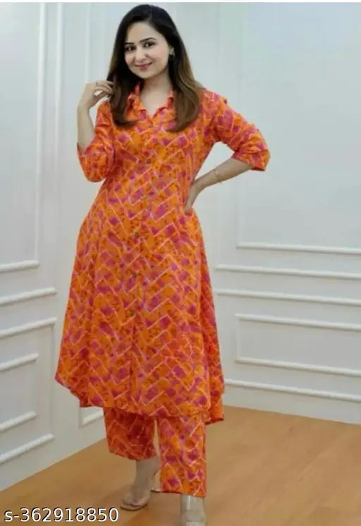 Orange rayon kurta with palazzos, printed net, good quality fabric for women's wear, single size S or XL, made in India