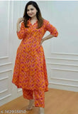 Orange rayon kurta with palazzos, printed net, good quality fabric for women's wear, single size S or XL, made in India