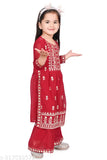 Modern girls georgette kurty and palazzos set, A-line top with three-quarter sleeves, floor length. Quality Indian kids' clothing for 9-24 months