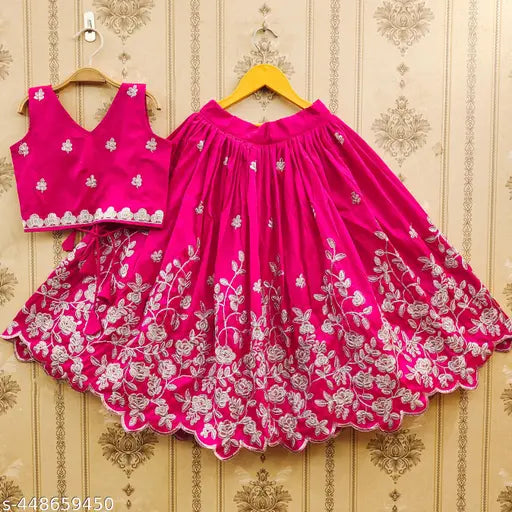 Fancy taffeta silk lehenga choli set for girls, embellished with gota embroidery. Traditional Indian ethnic wear, sleeveless and semi-stitched