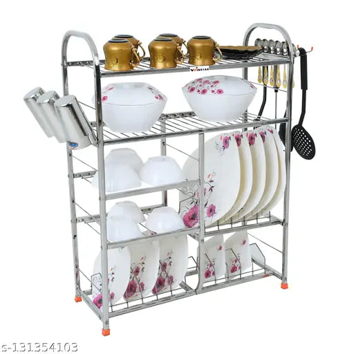 Stainless steel 5-shelf kitchen rack, dish rack with cutlery and plate stand, modular kitchen organizer (31x24 inches, lower plate design)