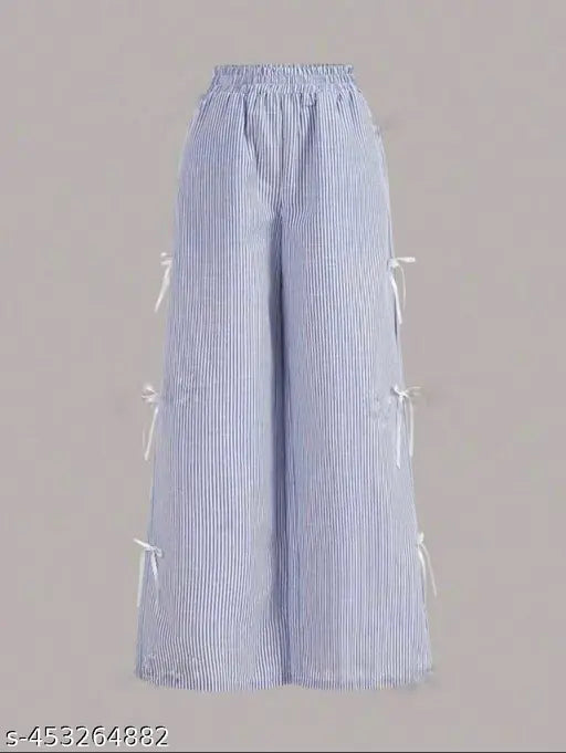 Blue bow pants, long hem, elastic waistband
