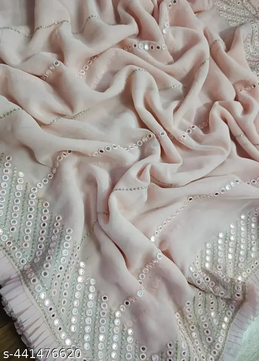 Pink, embellished, sari, pallu, sequin, zari work, complete with bolus