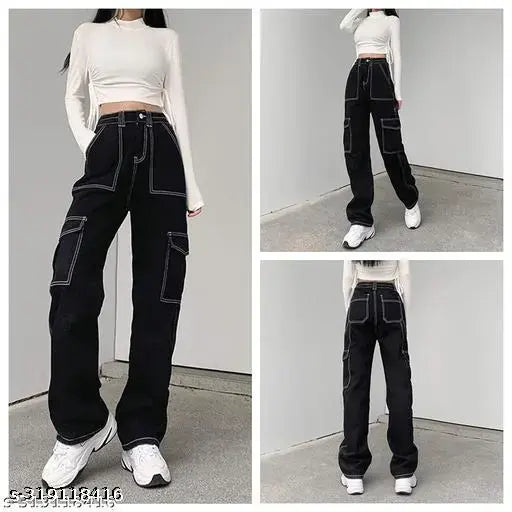 Black denim, straight fit, women's jeans