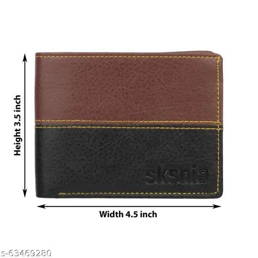 Faux leather black men's wallet, slim and stylish with 2 compartments for daily use. Brown colorblock design by New SKSNIA brand, ideal for travel or formal occasions. Made in India